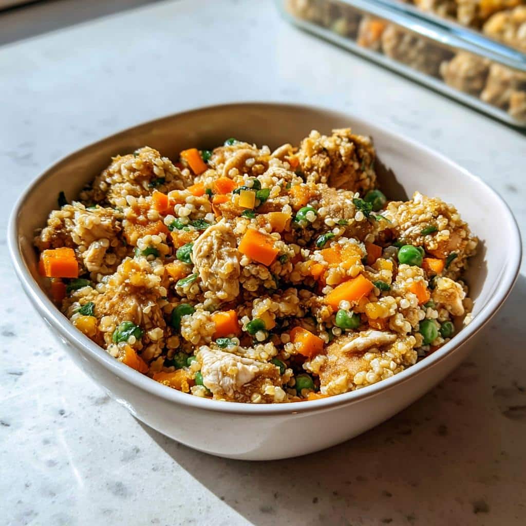 A white bowl filled with homemade Chicken, Millet & Veggies Mini-Batch Dog Food for small dogs.