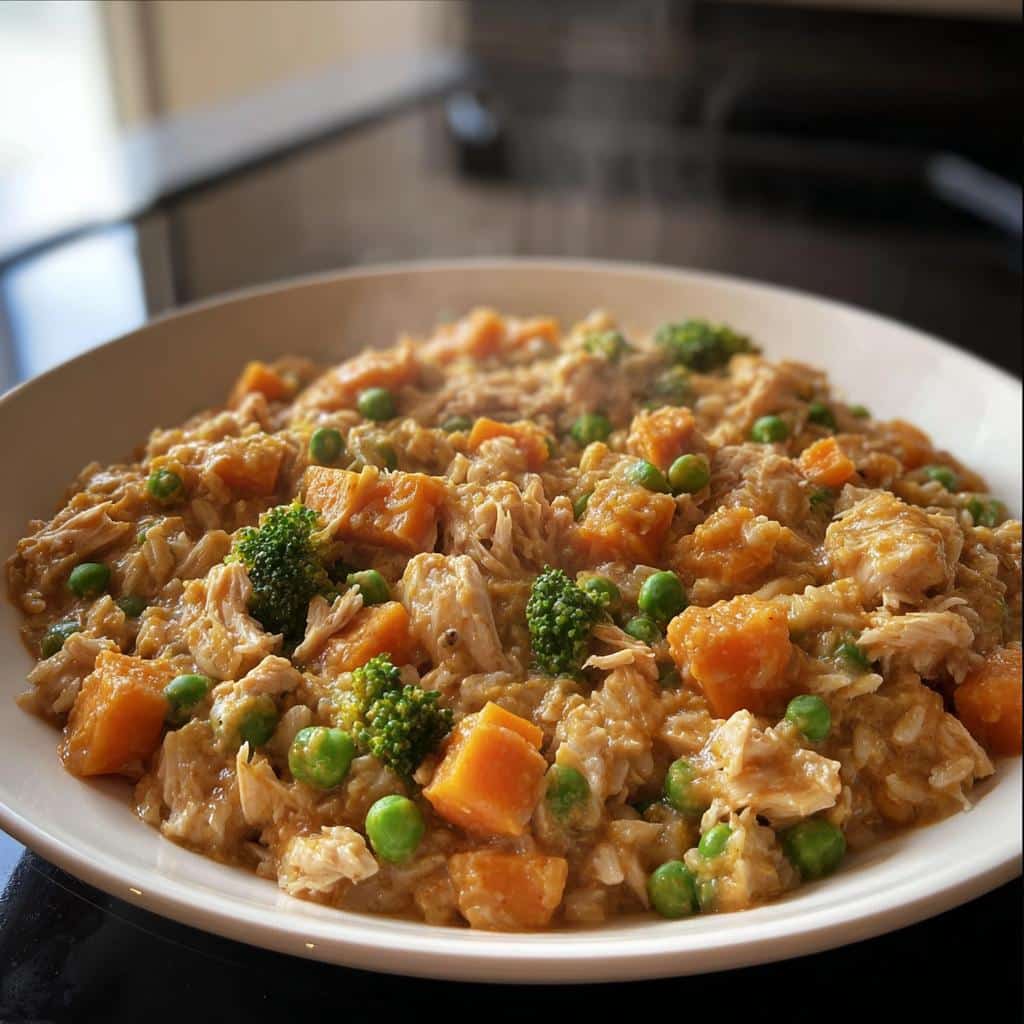 A close-up of a bowl filled with homemade Chicken, Oats & Carrots Mini-Batch Dog Food, showing shredded chicken, sweet potato chunks, peas, and broccoli.