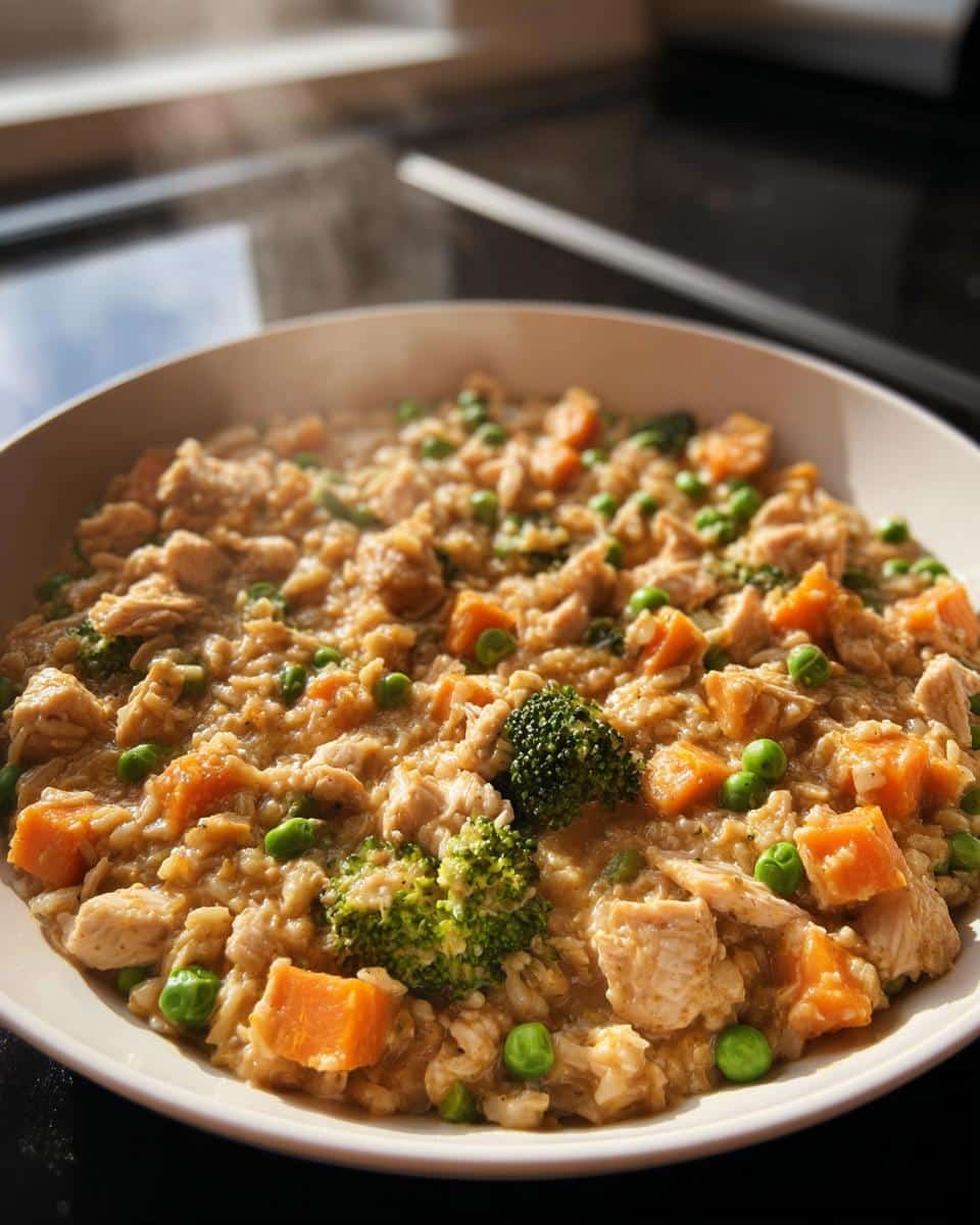 A steaming bowl of homemade Chicken, Oats & Carrots Mini-Batch Dog Food mixed with peas and broccoli florets.