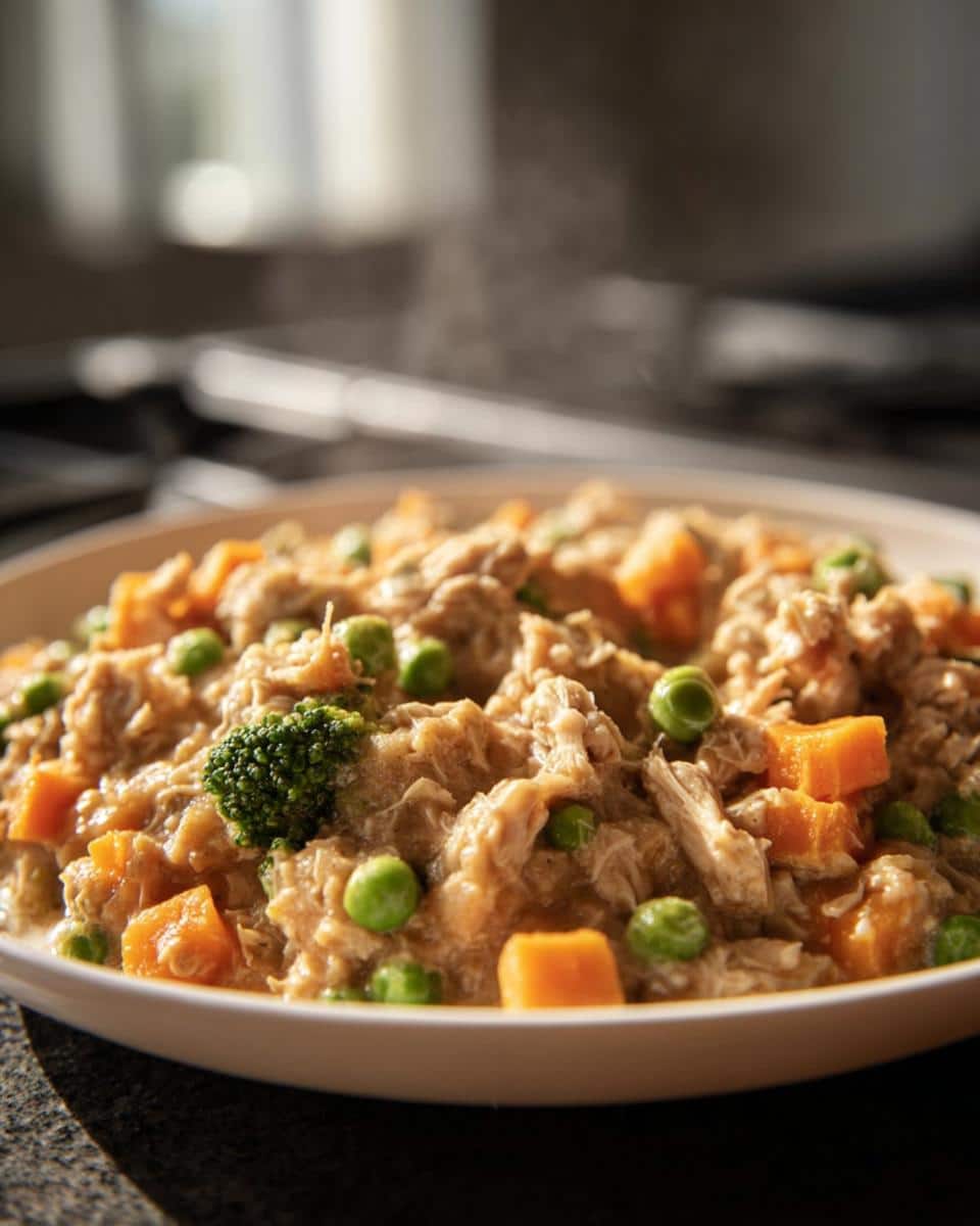 Close-up of warm Chicken, Oats & Carrots Mini-Batch Dog Food with visible chunks of carrots, peas, and broccoli.