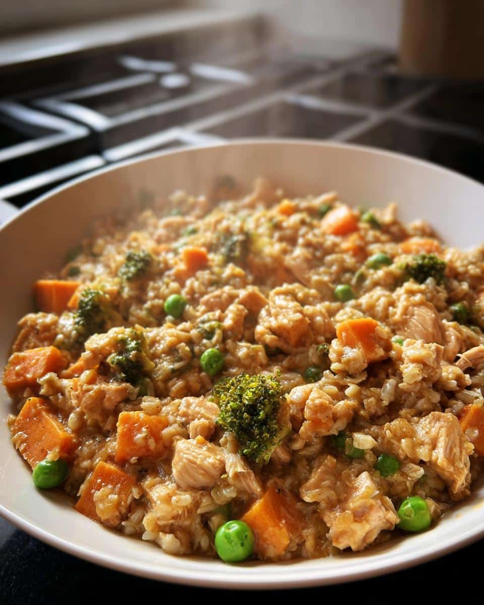 Close-up of steaming homemade Chicken, Oats & Carrots Mini-Batch Dog Food with visible chunks of chicken, sweet potato, peas, and broccoli.