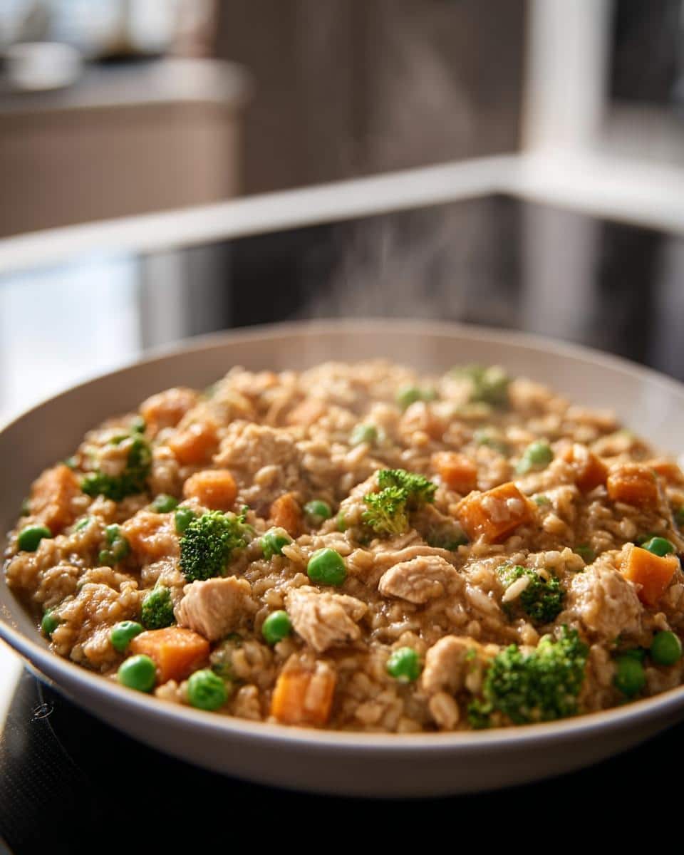A close-up of freshly cooked Chicken, Oats & Carrots Mini-Batch Dog Food steaming in a bowl.