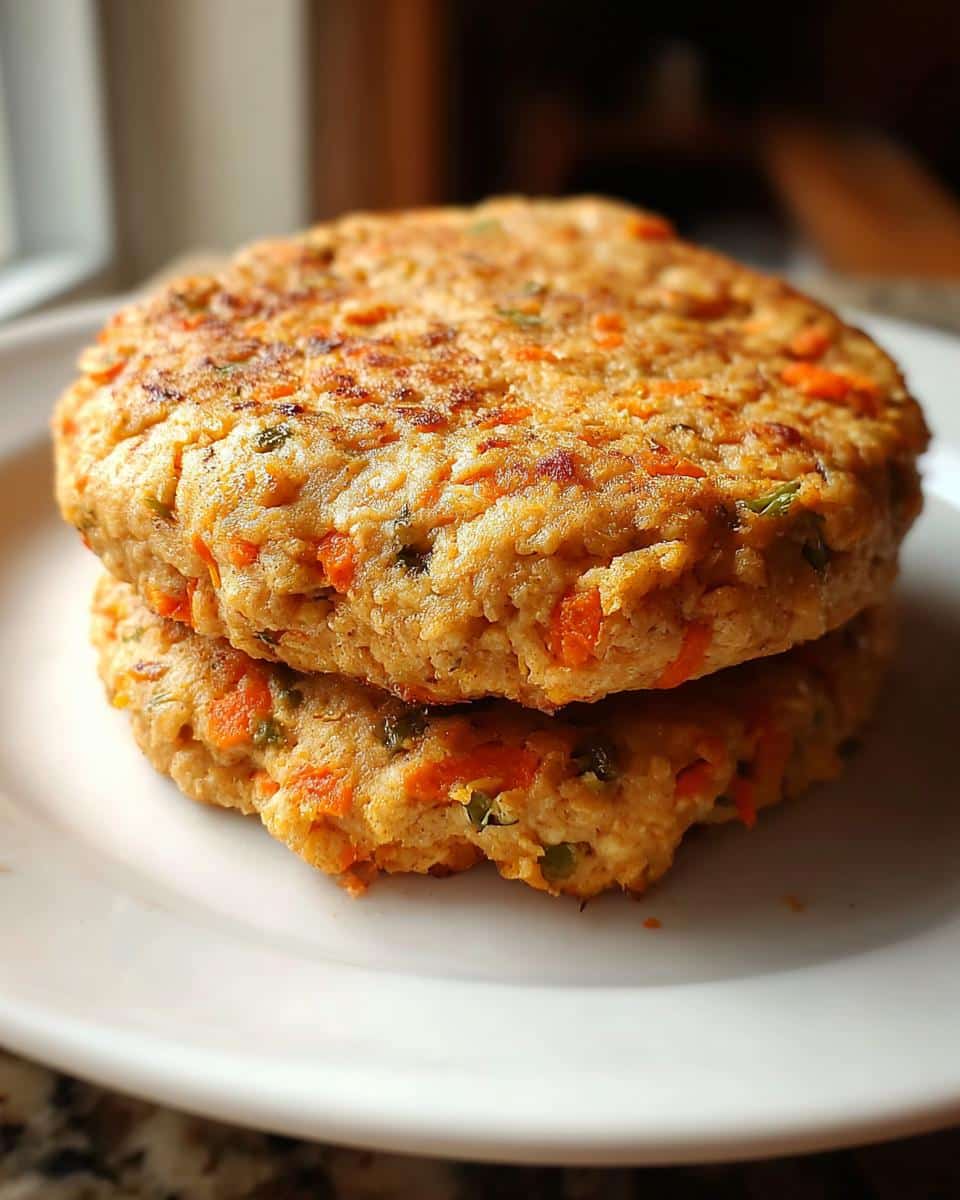 Two stacked, round patties of homemade Chicken, Potatoes & Green Beans Dog Food, showing visible bits of orange carrot and green vegetables.