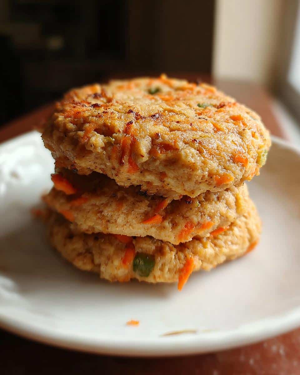 Close-up of three stacked homemade Chicken, Potatoes Dog Food patties with visible shredded carrots.