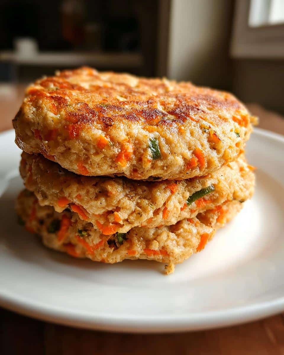 Three golden-brown patties of homemade Chicken, Potatoes Dog Food stacked on a white plate.