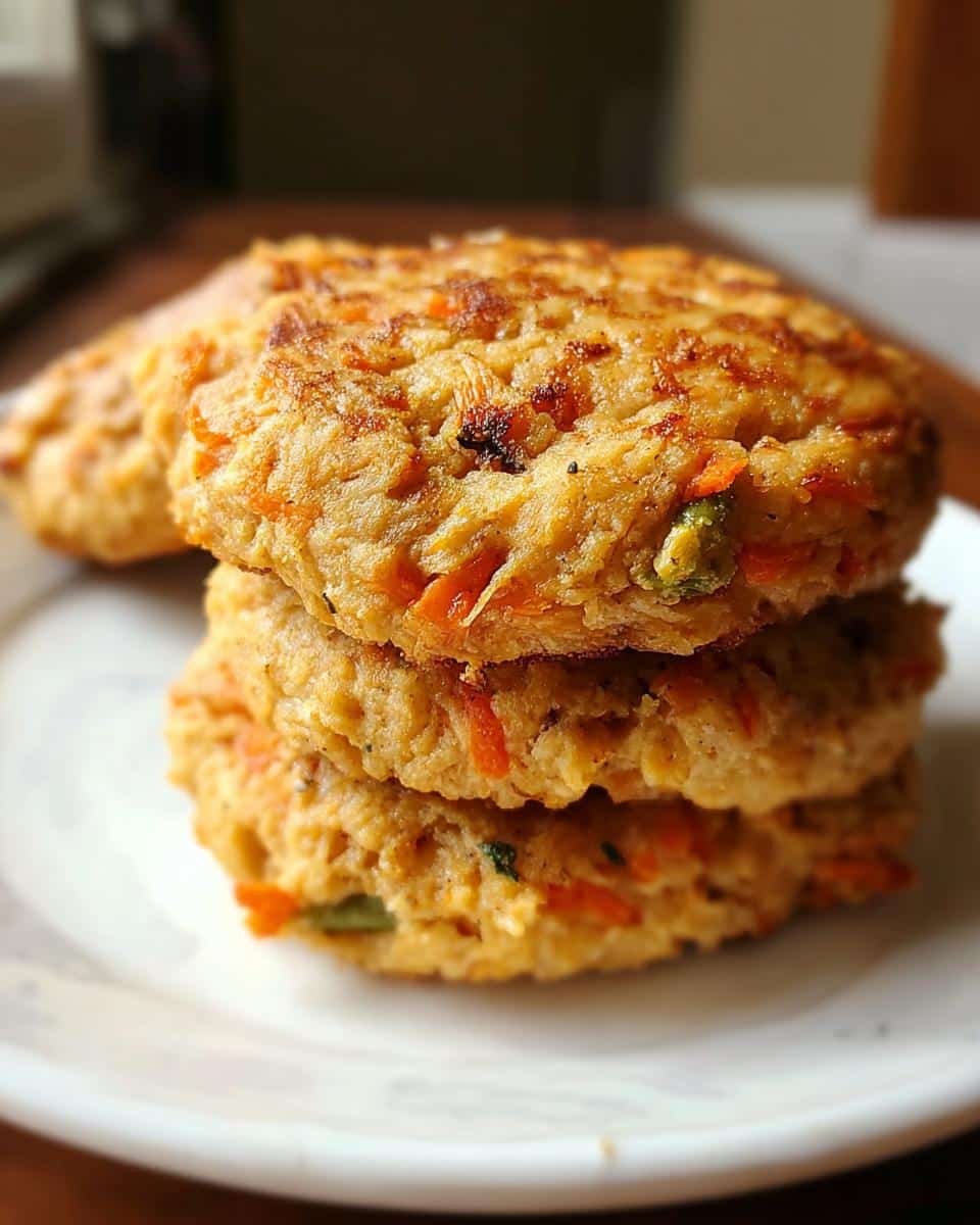 Close-up of three stacked, golden-brown patties made from Chicken, Potatoes & Green Beans Homemade Dog Food.