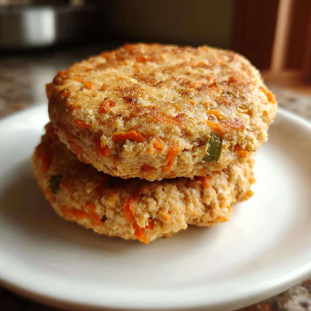 Two stacked, round patties of homemade Chicken, Potatoes Dog Food mixed with visible shredded carrots, served on a white plate.