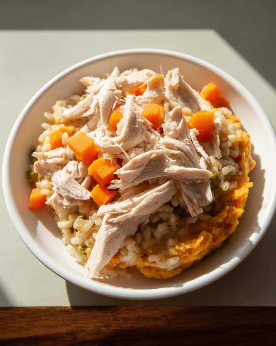Close-up of a white bowl containing homemade Chicken, Pumpkin and Oats Farmer’s Dog Food Recipe with shredded chicken and diced carrots.