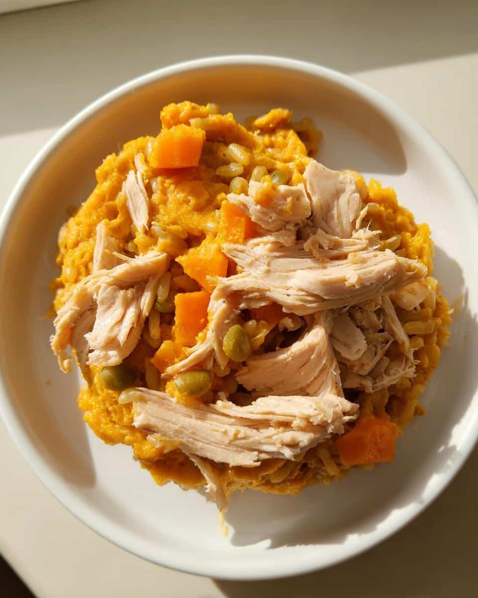 A serving of homemade Chicken, Pumpkin and Oats Farmer’s Dog Food Recipe topped with shredded chicken.