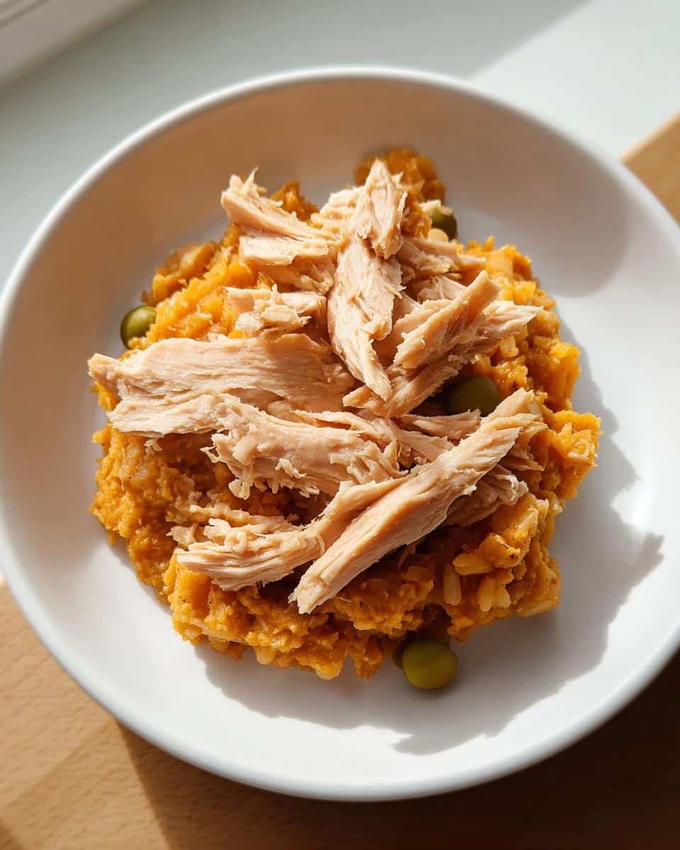 A white bowl filled with homemade Chicken, Pumpkin and Oats Farmer’s Dog Food, topped with shredded chicken and peas.