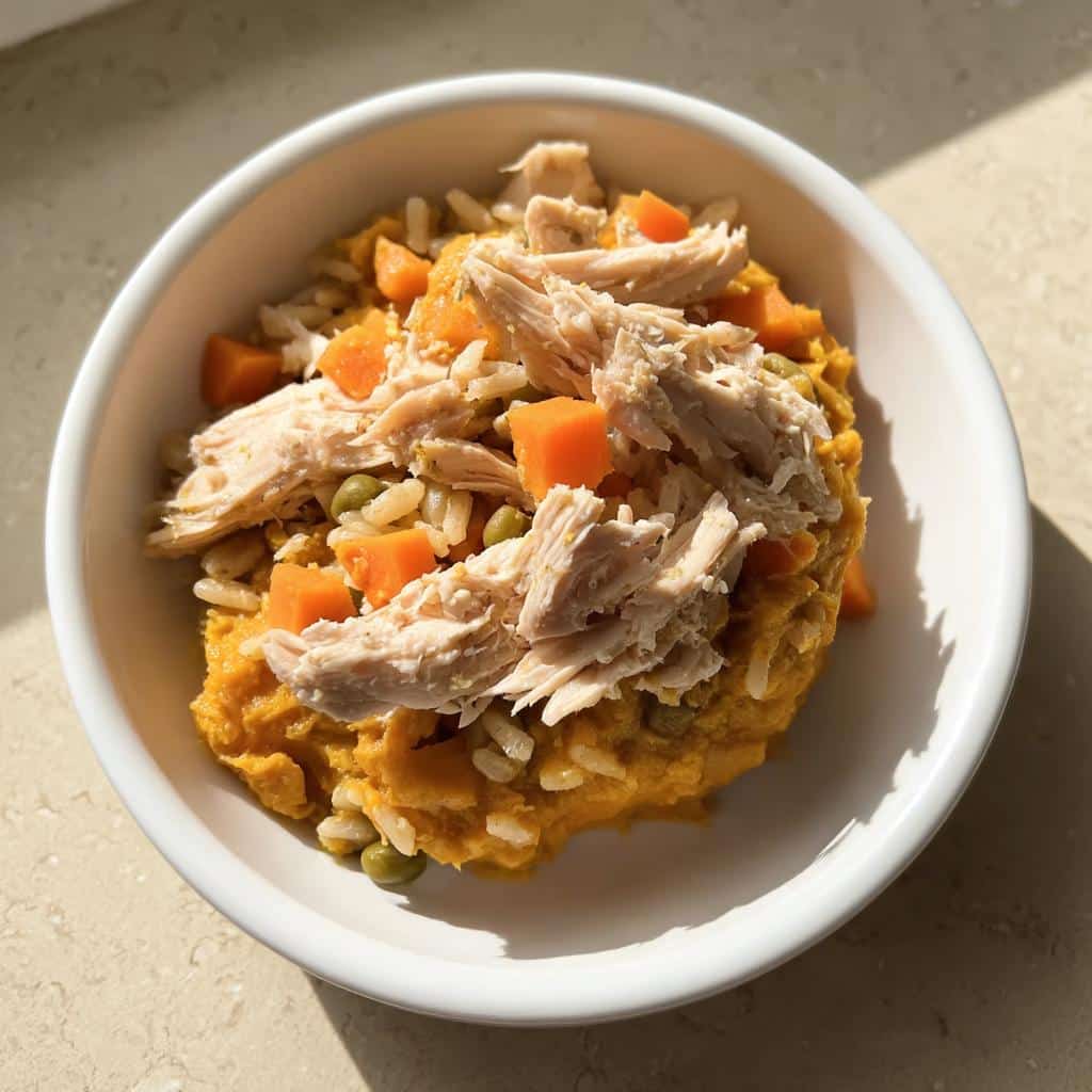 A white bowl filled with homemade Chicken, Pumpkin and Oats Farmer’s Dog Food Recipe, topped with shredded chicken.