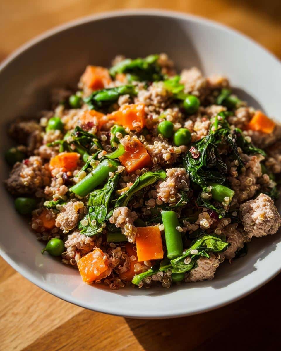 Close-up of homemade Chicken, Quinoa Dog Food mix with carrots, peas, and spinach in a white bowl.