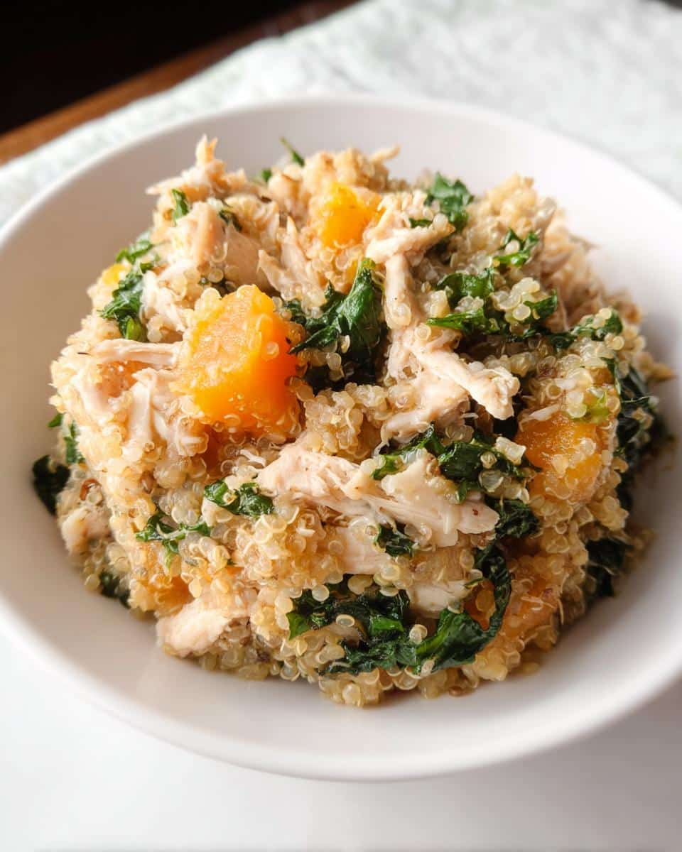 A close-up of homemade Chicken, Quinoa & Spinach Mini-Batch Dog Food in a white bowl.