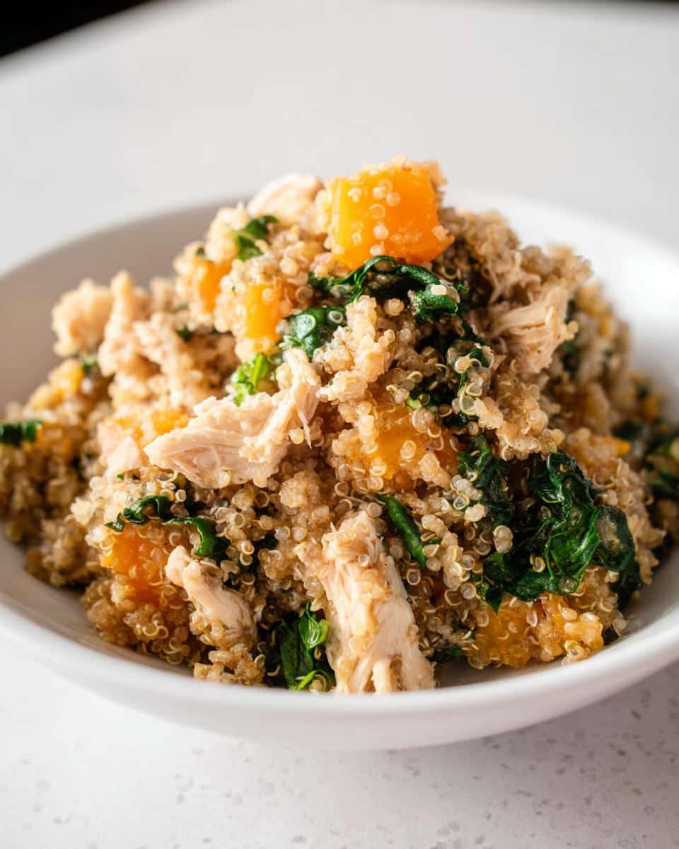 Close-up of Chicken, Quinoa & Spinach Mini-Batch Dog Food with shredded chicken, orange squash, and green spinach.