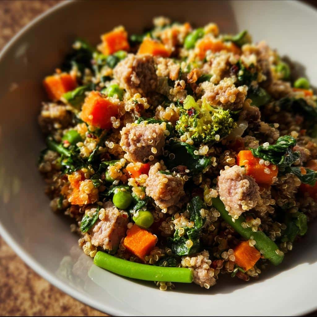 A bowl filled with homemade Chicken, Quinoa & Spinach Dog Food, featuring chunks of cooked chicken, quinoa, carrots, and green vegetables.
