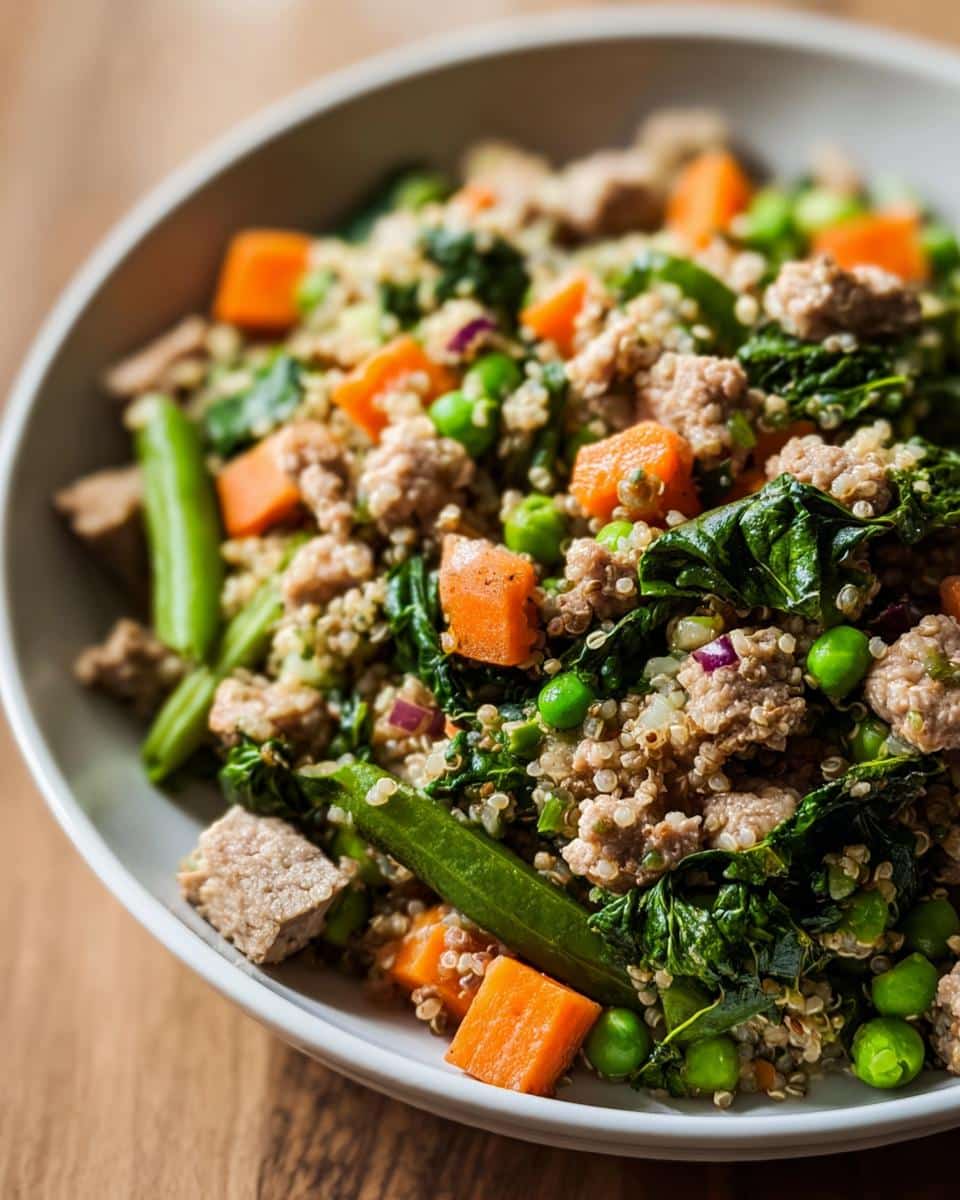Close-up of homemade Chicken, Quinoa & Spinach Dog Food mix in a white bowl.
