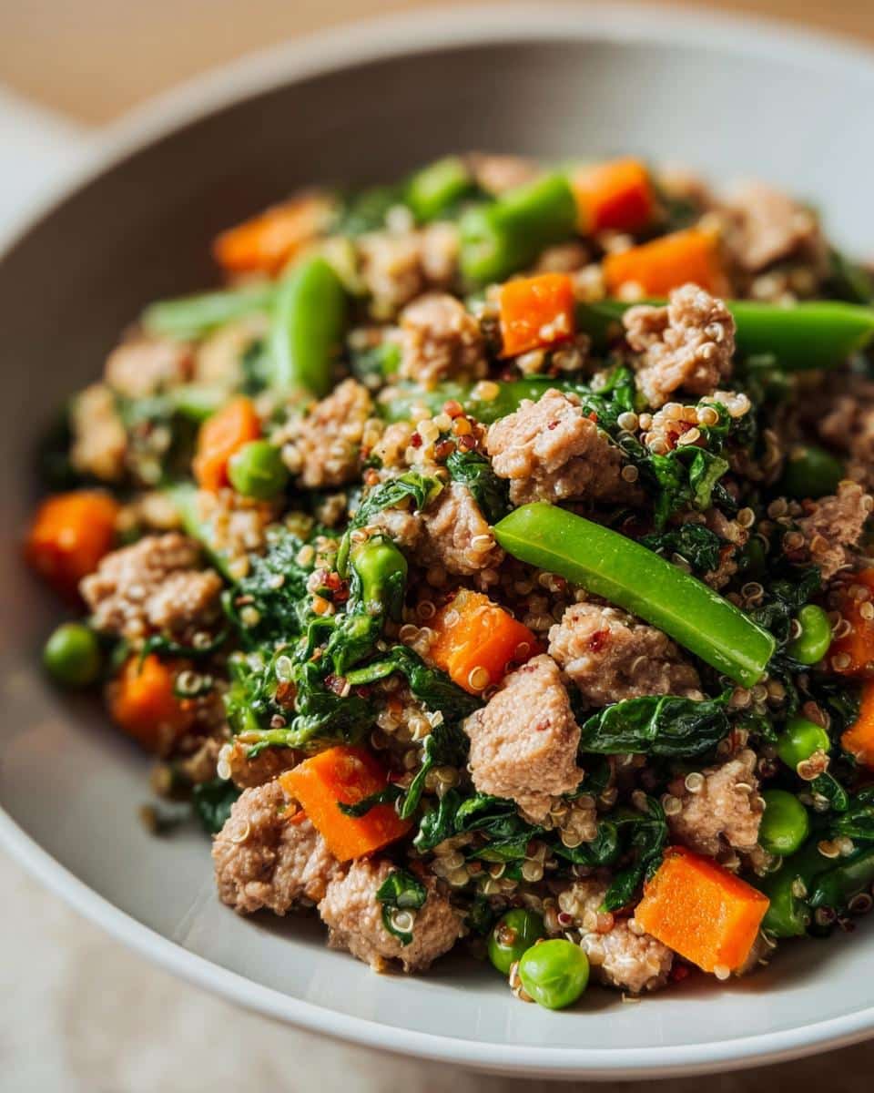Close-up of homemade Chicken, Quinoa & Spinach Homemade Dog Food with carrots and peas in a bowl.