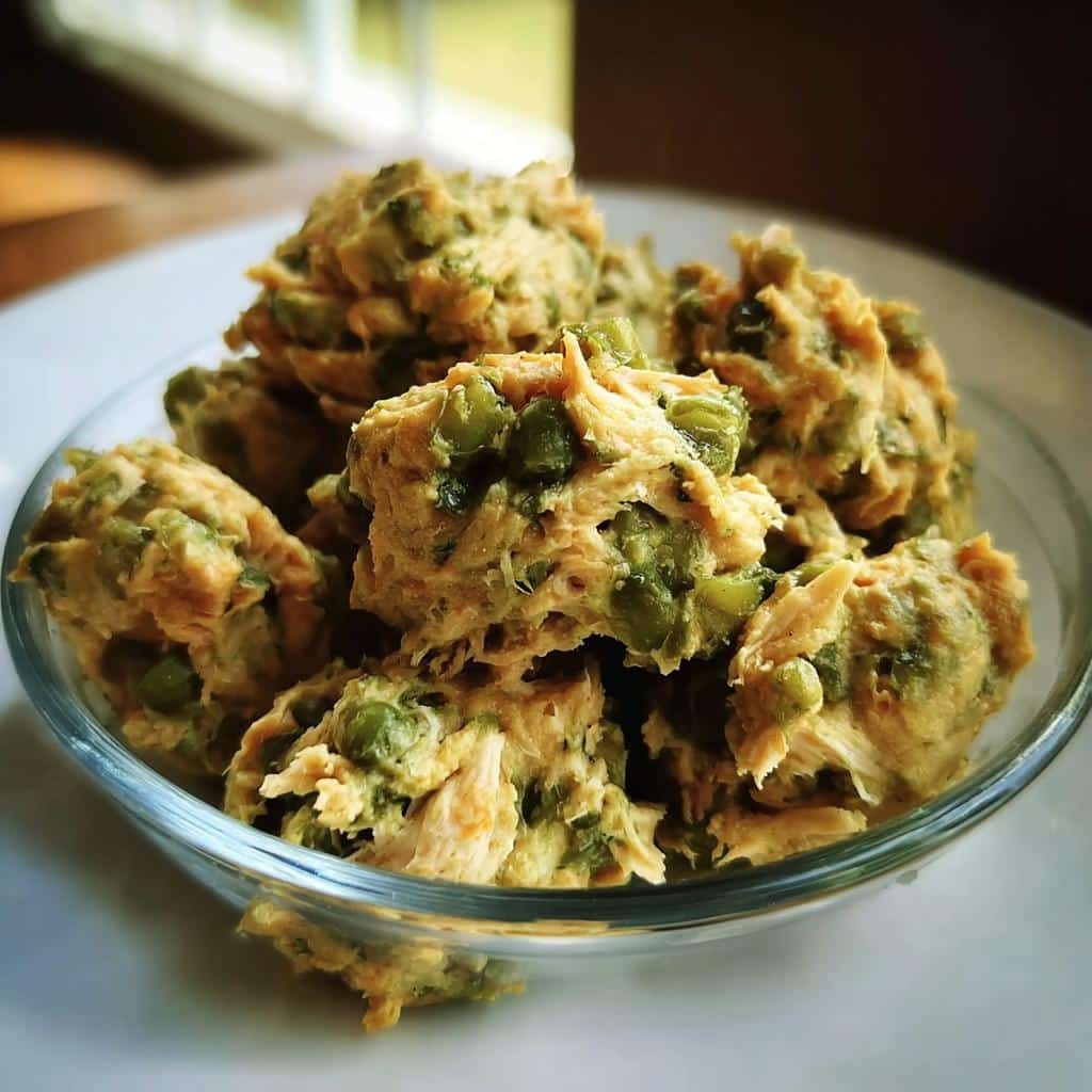 Close-up of prepared Chicken, Rice & Green Beans Homemade Dog Food portions in a clear glass bowl.