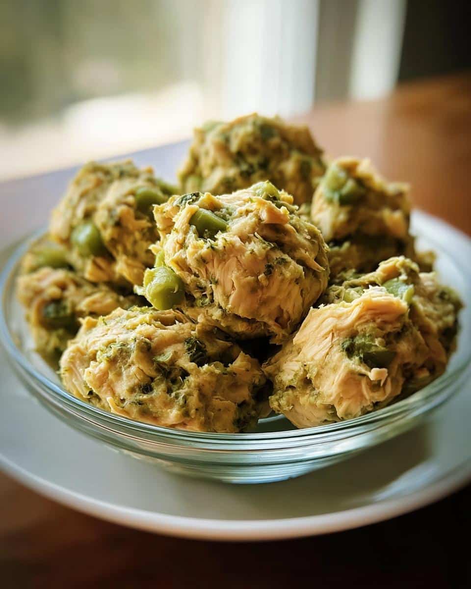 Close-up of scooped portions of homemade Chicken, Rice & Green Beans Homemade Dog Food in a clear glass bowl.