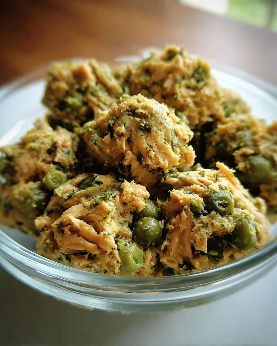Close-up of scoops of homemade Chicken, Rice & Green Beans Homemade Dog Food mixture in a clear bowl.
