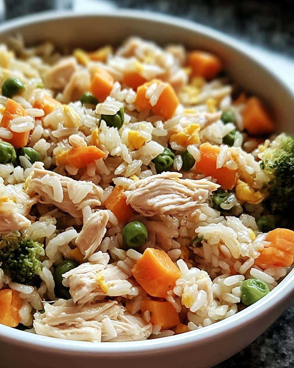 Close-up of homemade Chicken, Rice & Peas Mini-Batch Dog Food with shredded chicken, carrots, and peas.