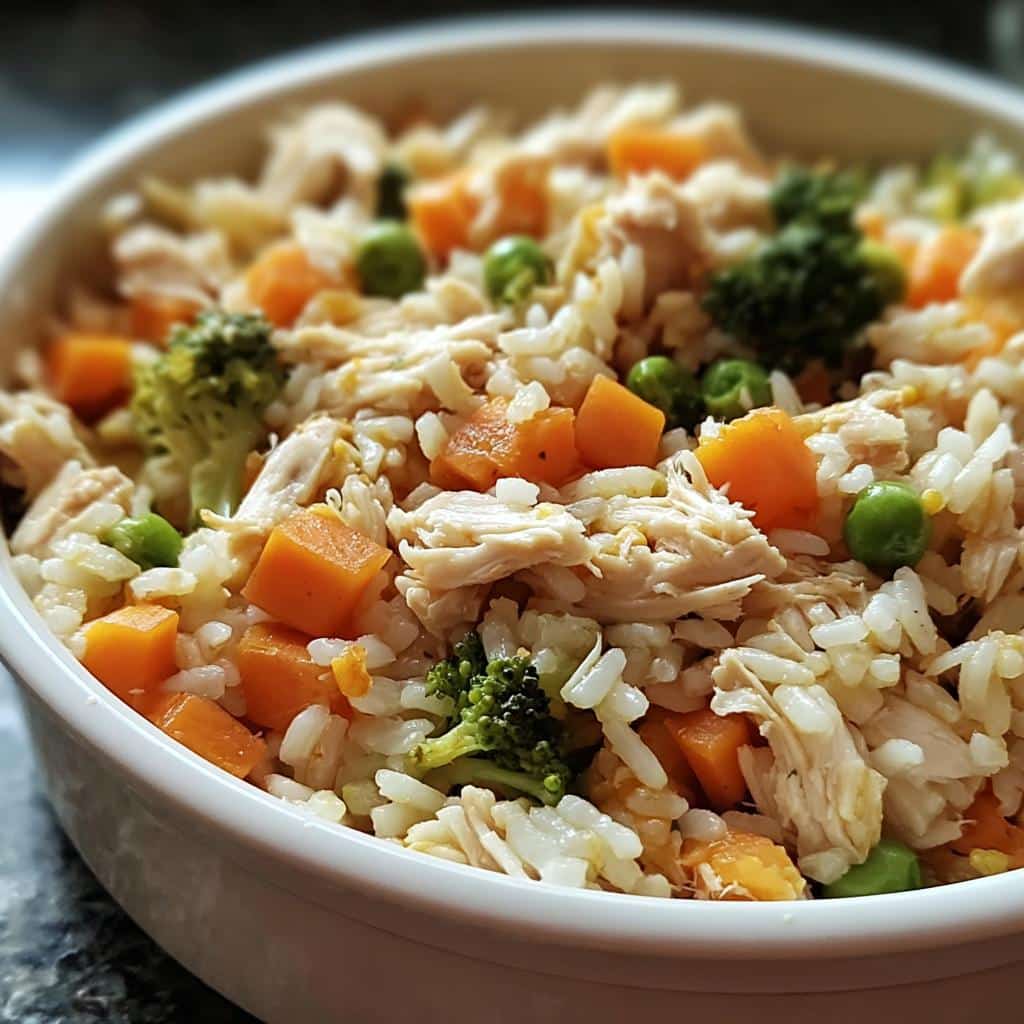 Close-up of homemade Chicken, Rice & Peas Mini-Batch Dog Food in a white bowl.