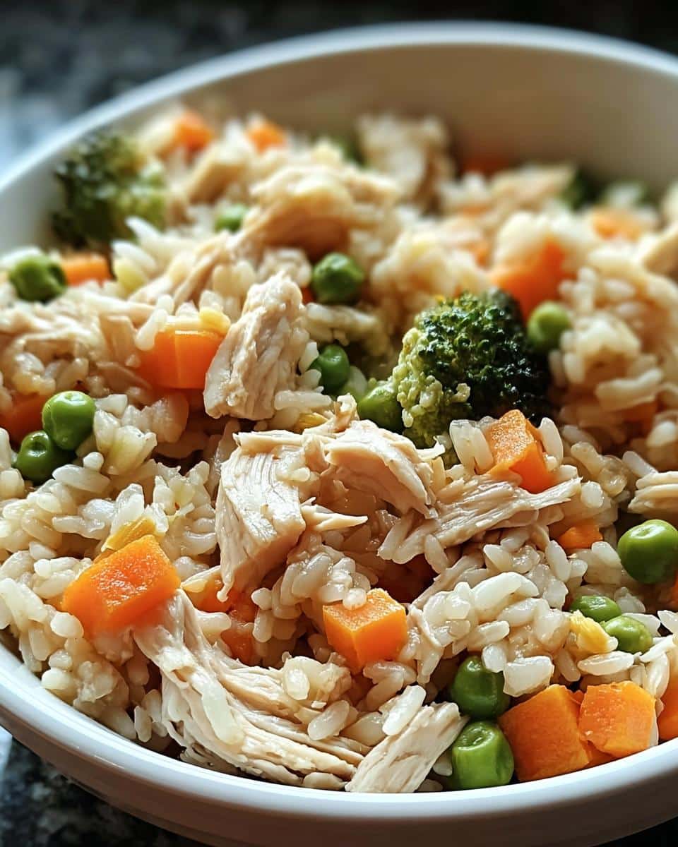Close-up of homemade Chicken, Rice & Peas Mini-Batch Dog Food with shredded chicken, carrots, and broccoli florets.