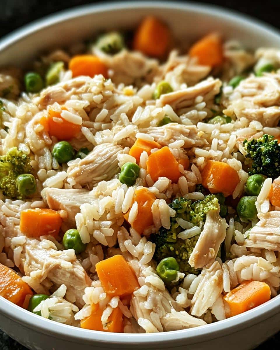 Close-up of homemade Chicken, Rice & Peas Mini-Batch Dog Food showing shredded chicken, brown rice, carrots, peas, and broccoli.