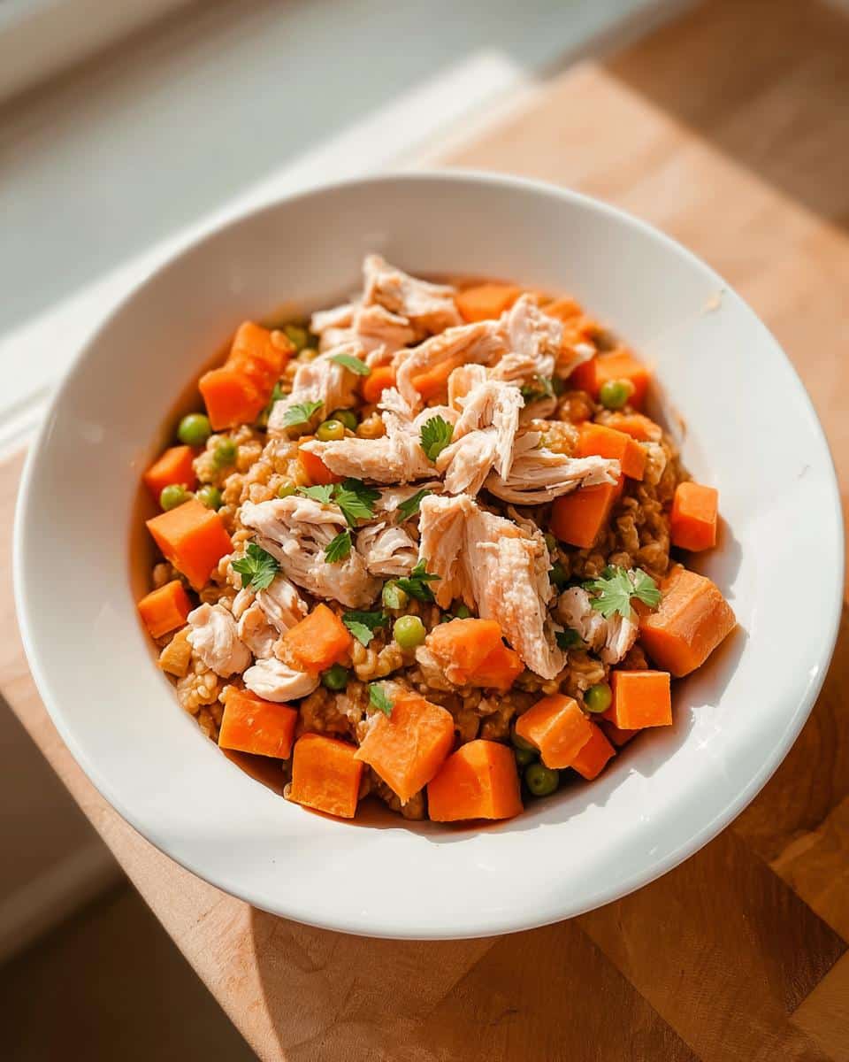 A bowl of homemade Chicken & Sweet Potato Mini-Batch Dog Food, featuring shredded chicken, diced sweet potatoes, and peas.