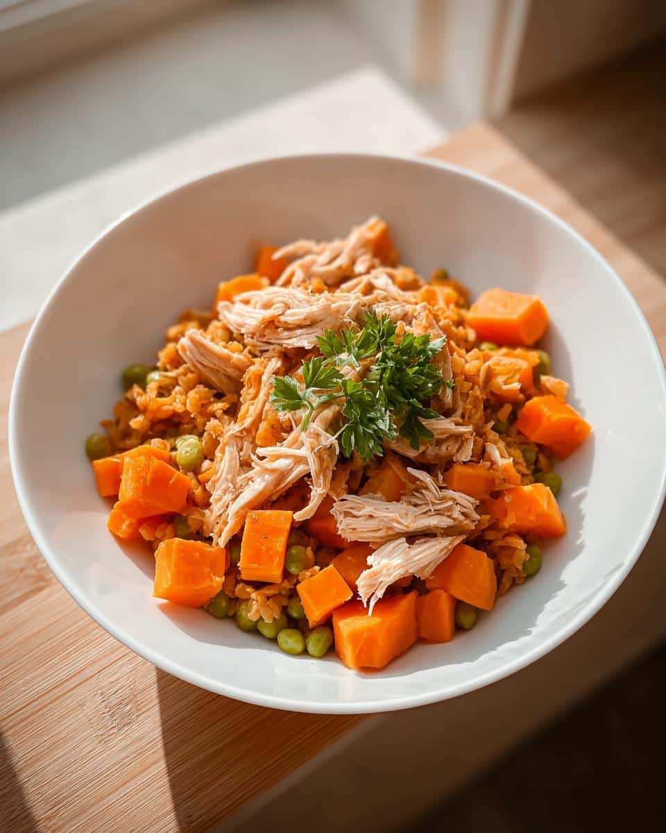A white bowl filled with Chicken & Sweet Potato Mini-Batch Dog Food, featuring shredded chicken, orange sweet potato cubes, and green peas.