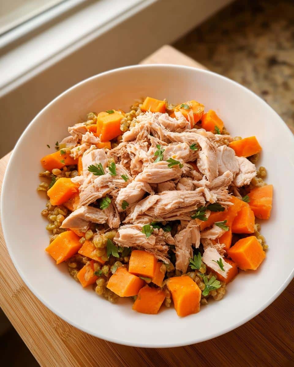 A white bowl filled with shredded chicken, diced sweet potato, and green lentils, representing Chicken & Sweet Potato Mini-Batch Dog Food.