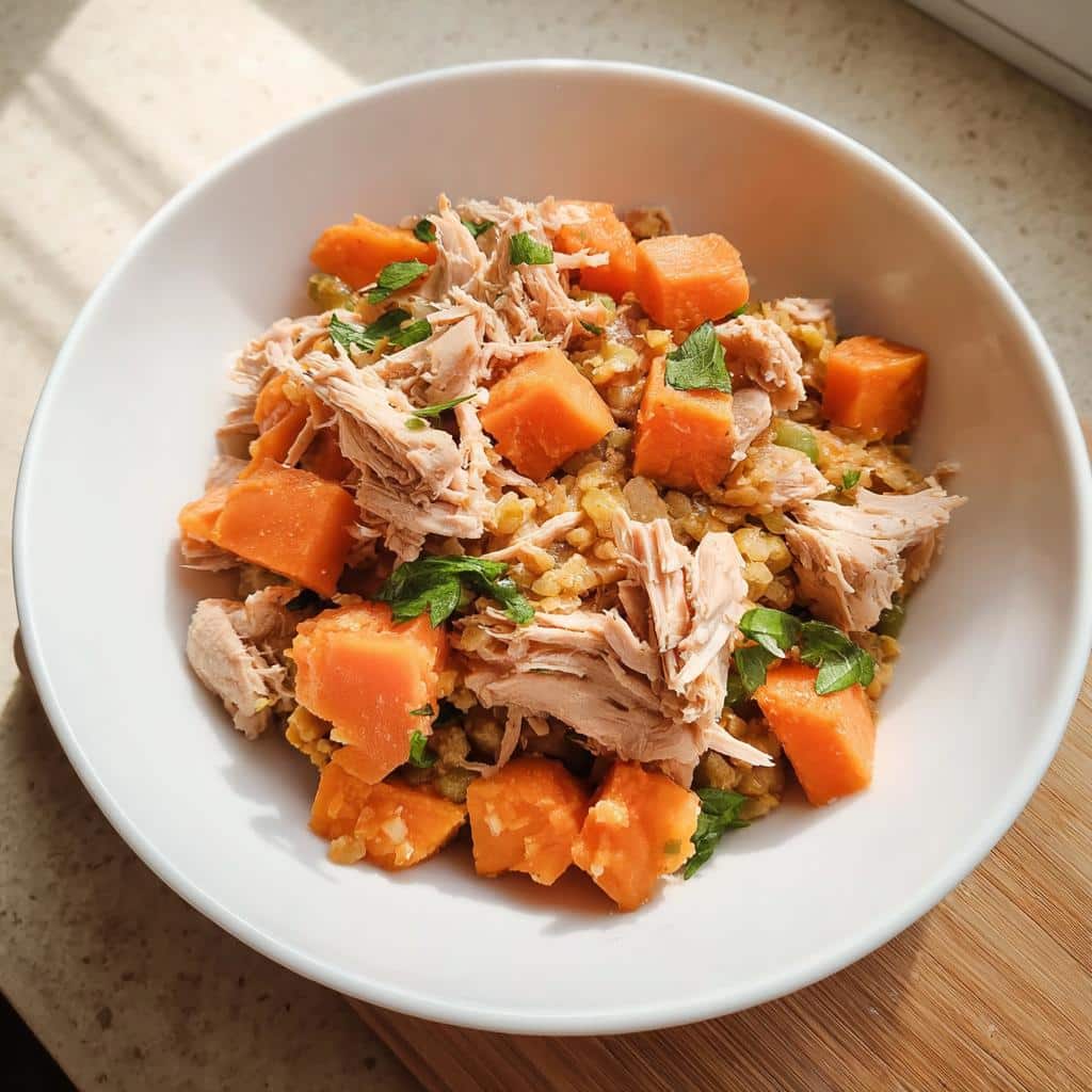 A white bowl filled with Chicken & Sweet Potato Mini-Batch Dog Food, showing shredded chicken, orange sweet potato cubes, and grains.