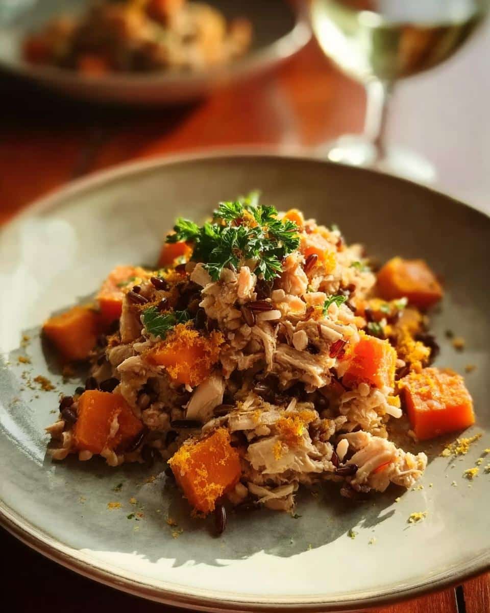 A gourmet-style serving of Chicken, Sweet Potato & Peas Homemade Dog Food mix on a plate.