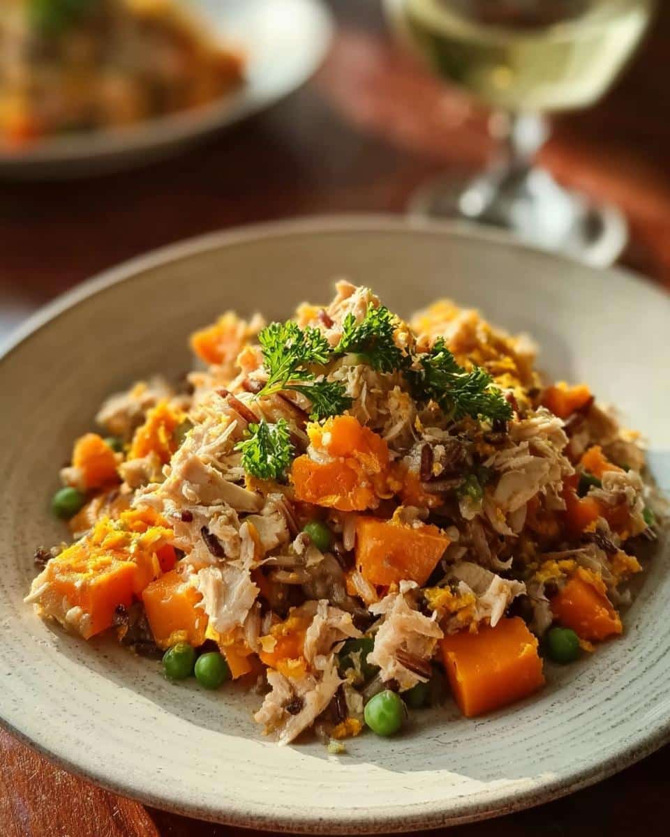 A bowl of Chicken, Sweet Potato & Peas Homemade Dog Food mixture, topped with parsley.
