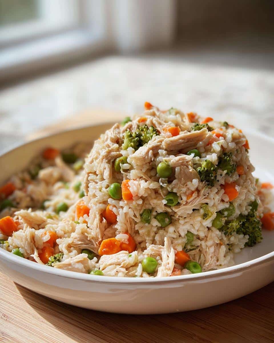 A mound of homemade Chicken and Vegetable Farmer’s Dog Food Recipe featuring rice, shredded chicken, peas, carrots, and broccoli.