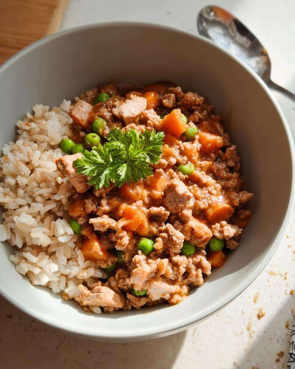 A bowl of homemade Chicken & Vegetable Stew for Puppies served alongside brown rice, garnished with parsley.