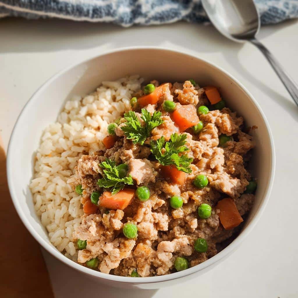 A white bowl filled with Chicken & Vegetable Stew for Puppies, served over brown rice and topped with peas and carrots.