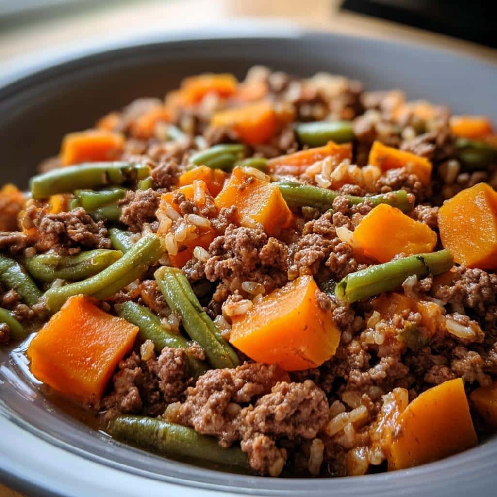 Close-up of a bowl of homemade dog food featuring ground meat, orange sweet potato chunks, green beans, and rice.