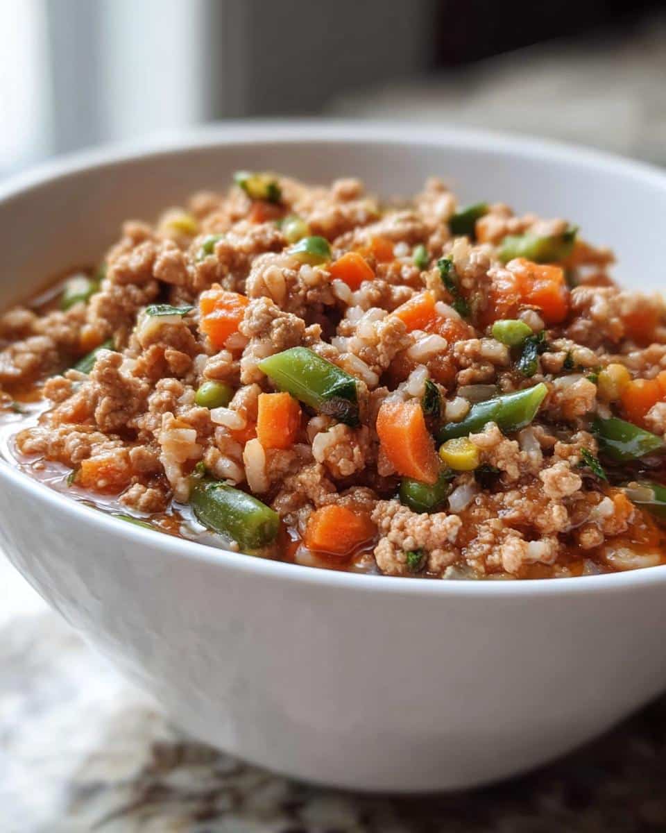 Close-up of a white bowl filled with Homemade Dog Food Recipes Crockpot: Easy Chicken & Rice mixture, showing ground meat, rice, carrots, and green beans.