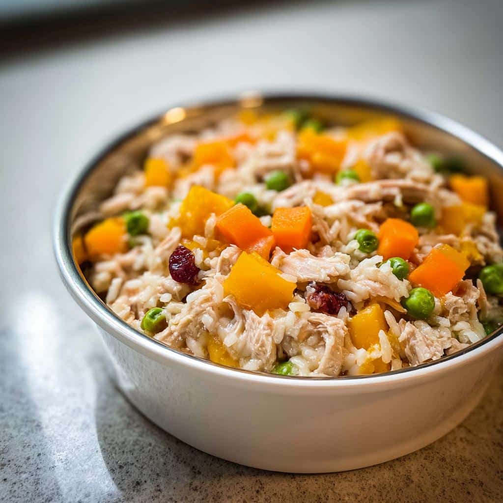 Close-up of homemade Crockpot Chicken Dog Food Recipe mixture in a metal-rimmed bowl.