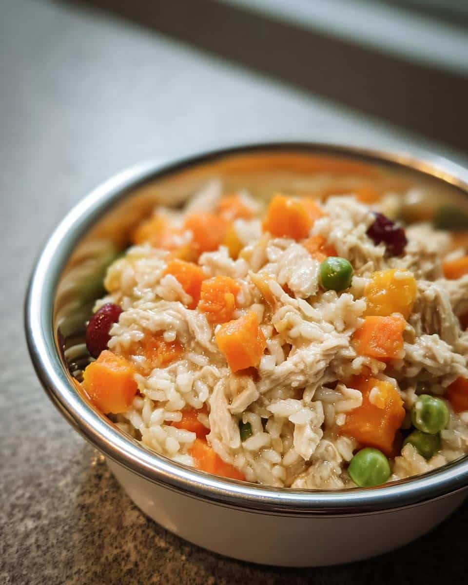 Close-up of a stainless steel bowl filled with homemade Crockpot Chicken Dog Food Recipe mix, featuring shredded chicken, rice, carrots, and peas.