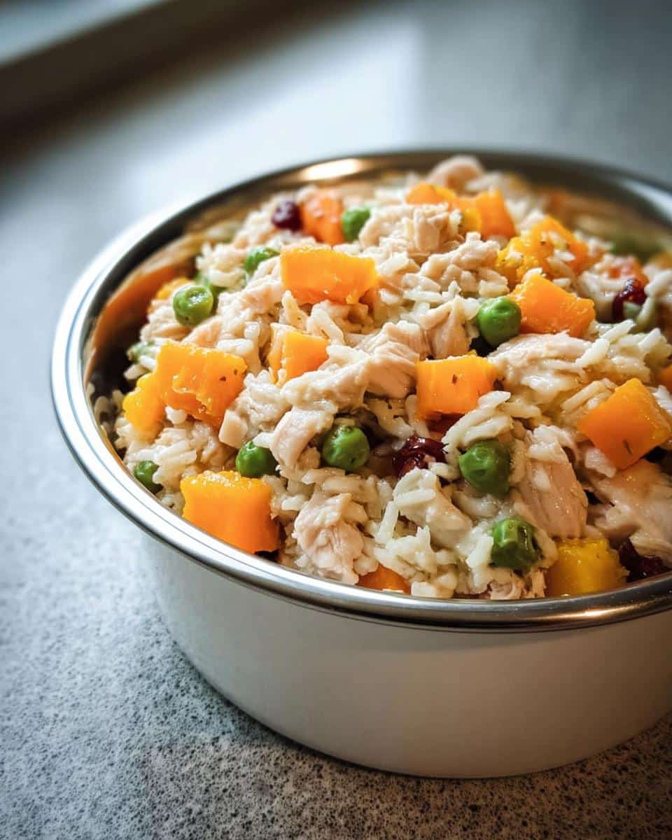 Close-up of a stainless steel bowl filled with the Crockpot Chicken Dog Food Recipe, showing shredded chicken, rice, peas, and orange squash.
