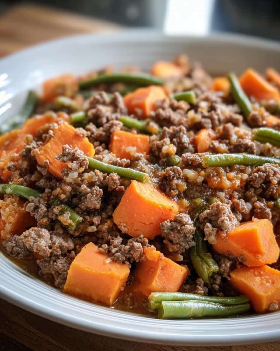 Close-up of Homemade Dog Food Recipes Crockpot for Large Dogs featuring ground beef, bright orange sweet potato chunks, and green beans.