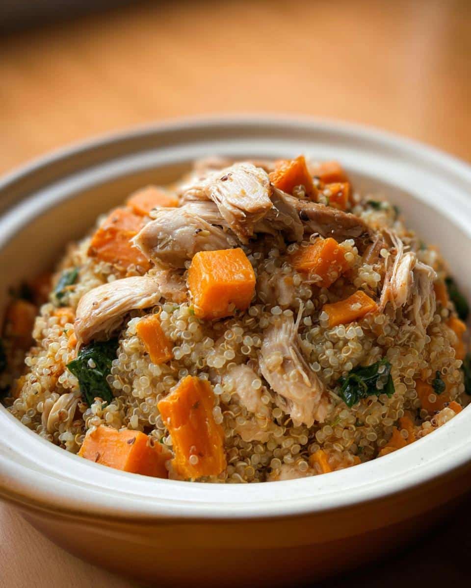 Close-up of homemade dog food in a bowl featuring shredded chicken, quinoa, and diced sweet potatoes, suitable for Cheap Homemade Dog Food Recipes Crockpot.