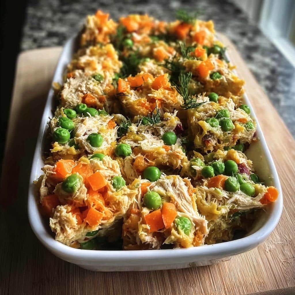 Portioned squares of homemade dog food made with shredded chicken, carrots, and peas, ready for Freezer-Friendly Homemade Dog Food Recipes Crockpot.