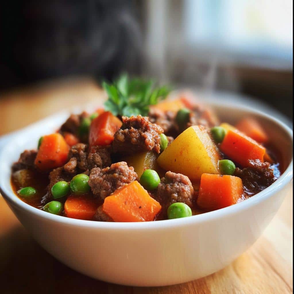 Close-up of a steaming bowl of homemade dog food with ground meat, carrots, peas, and potatoes, perfect for crockpot recipes.