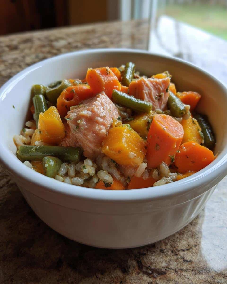 A white bowl filled with healthy homemade dog food recipes crockpot mix: salmon chunks, carrots, green beans, and brown rice.