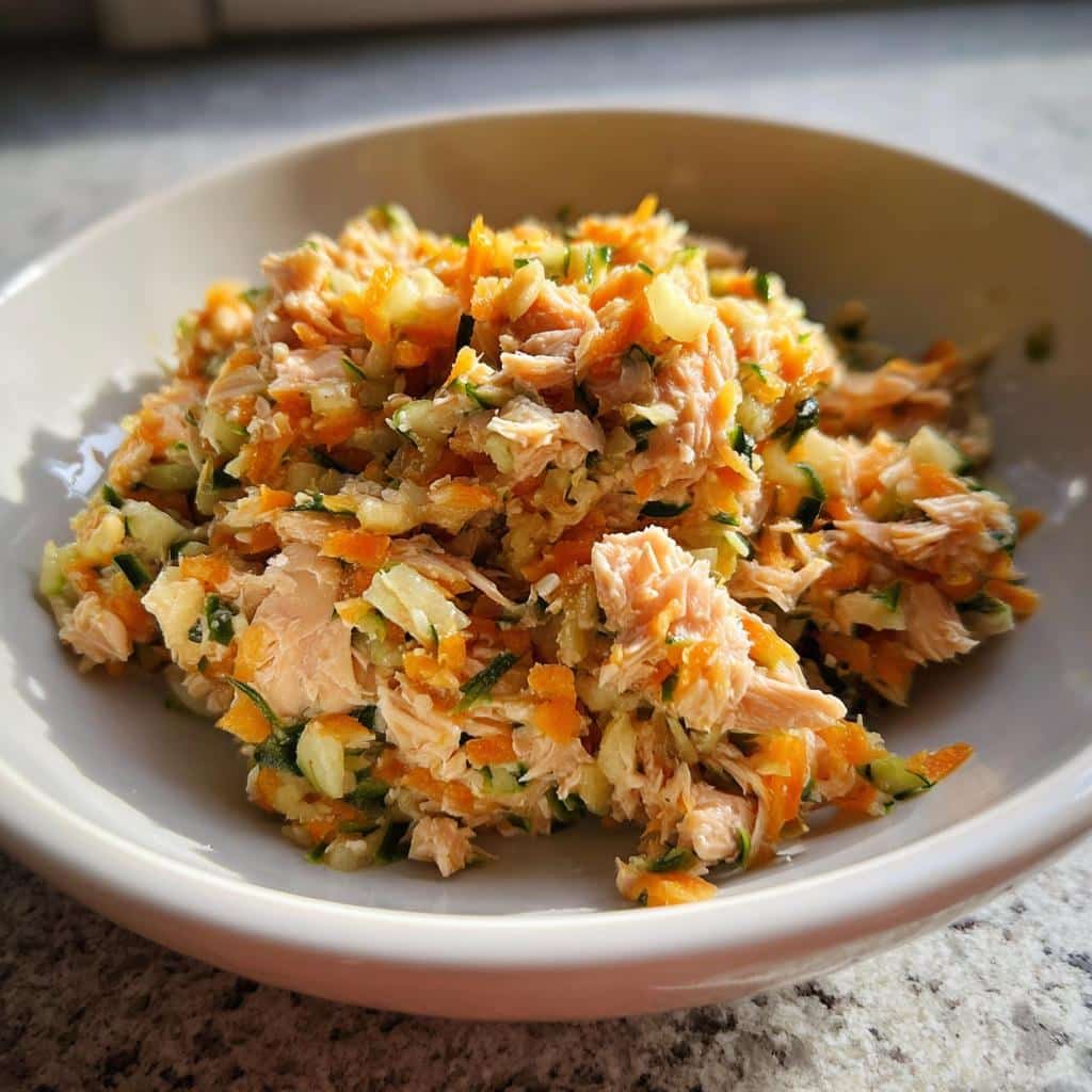 Close-up of shredded salmon mixed with shredded carrots and zucchini, prepared for Homemade Dog Food Recipes Crockpot for Picky Eaters.