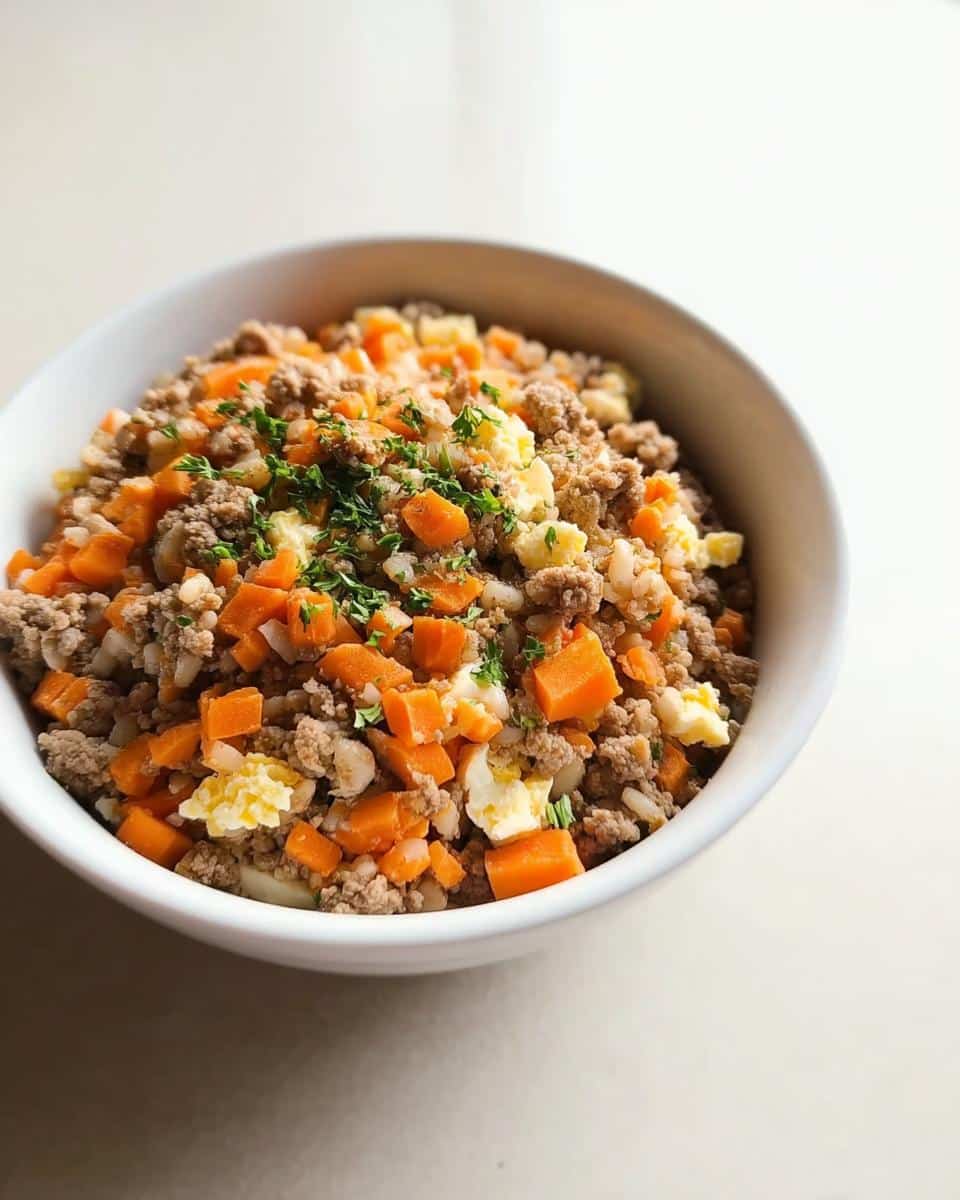A white bowl filled with homemade dog food recipes crockpot mix: ground meat, diced carrots, and scrambled egg.