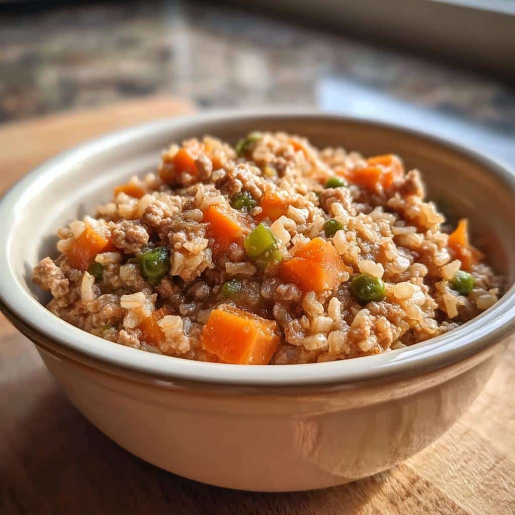 A close-up of a bowl filled with homemade dog food recipes crockpot mix: ground meat, brown rice, carrots, and peas.